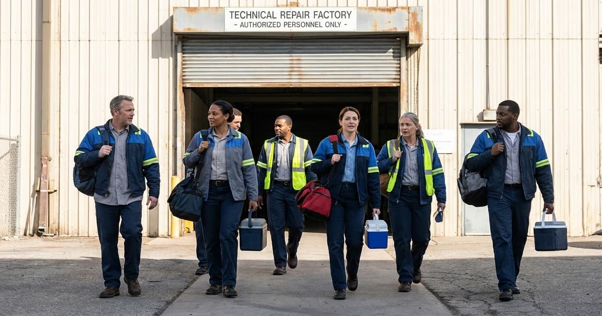 Workers leaving the TRZ Hadžići industrial facility