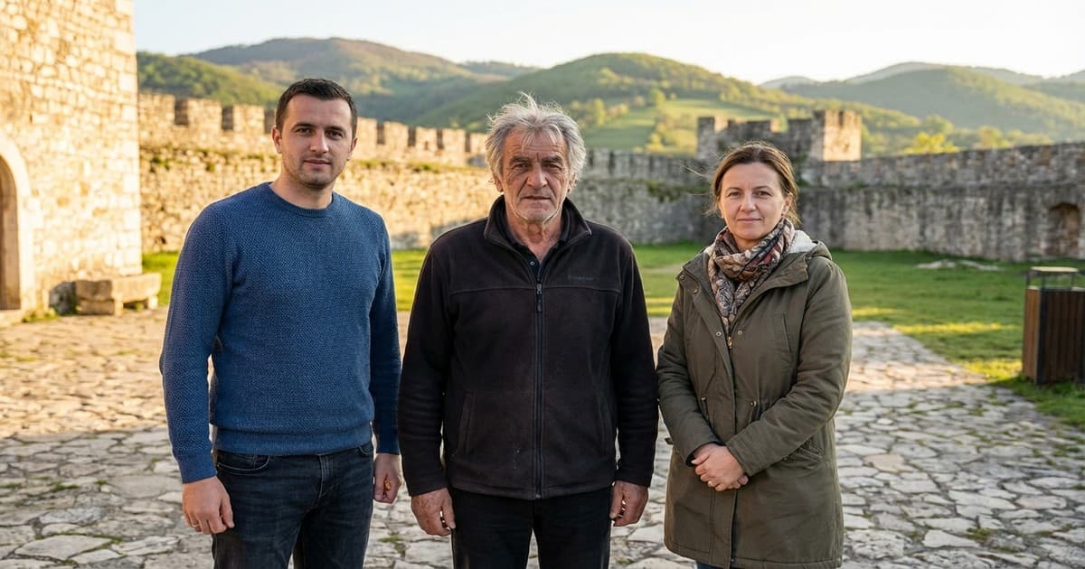 Members of the Hrnjić family at a historic fortress