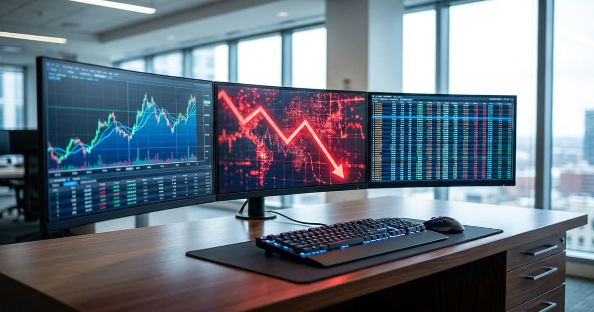 Dow Jones market slide reflected on monitors